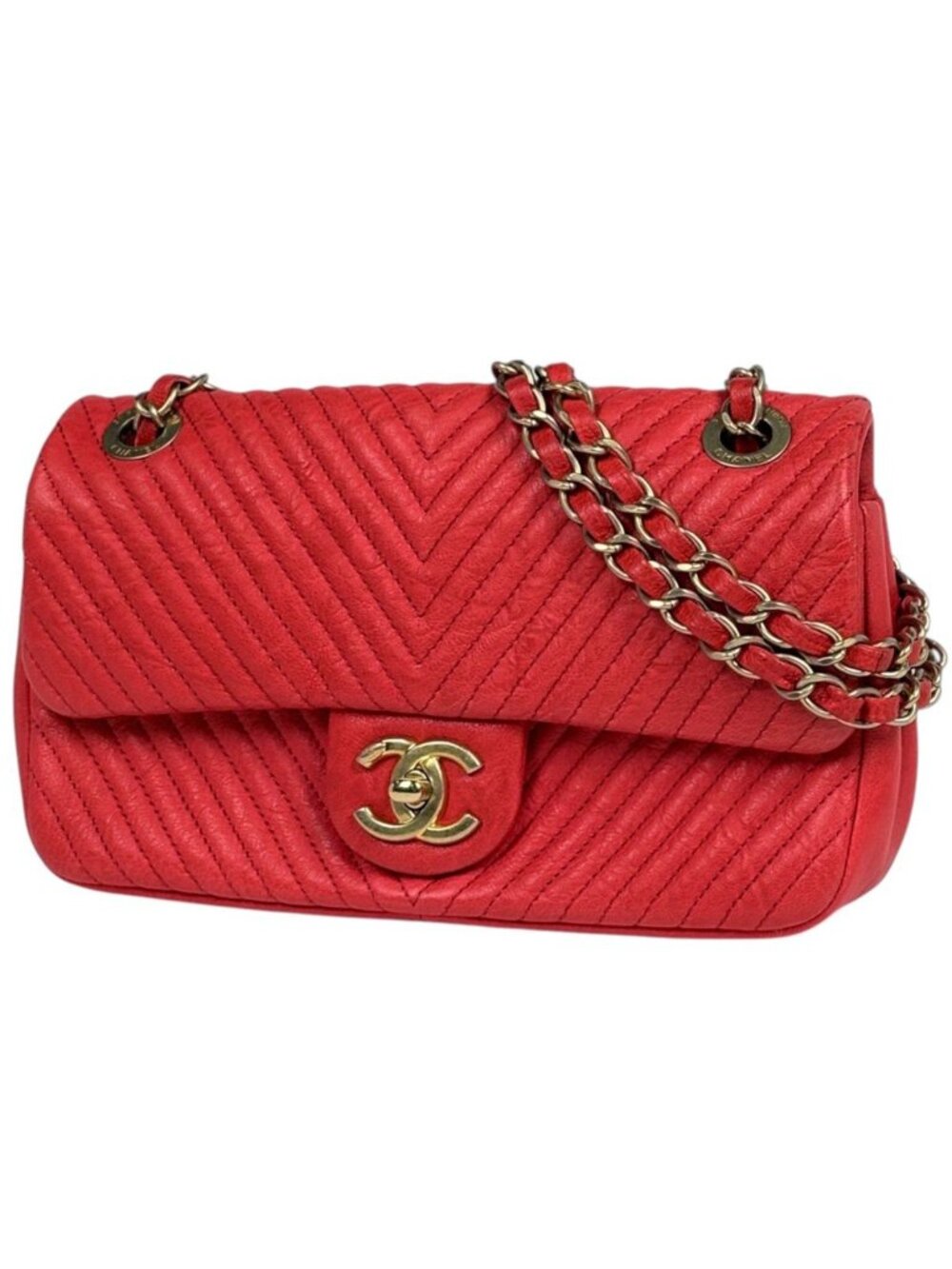 Chanel Shoulder Bag CC Logo V-stitch Chevron Chain Leather Red